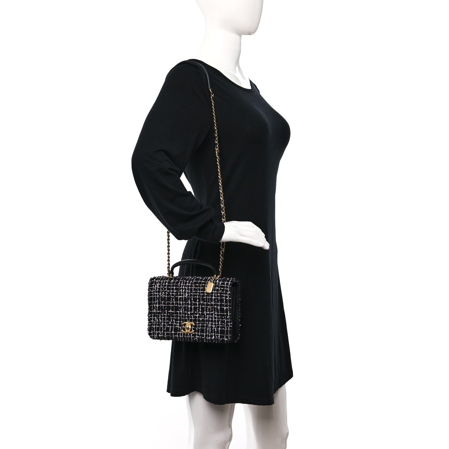 Chanel Tweed Lambskin Quilted Top Handle Flap Black White 2 of 10