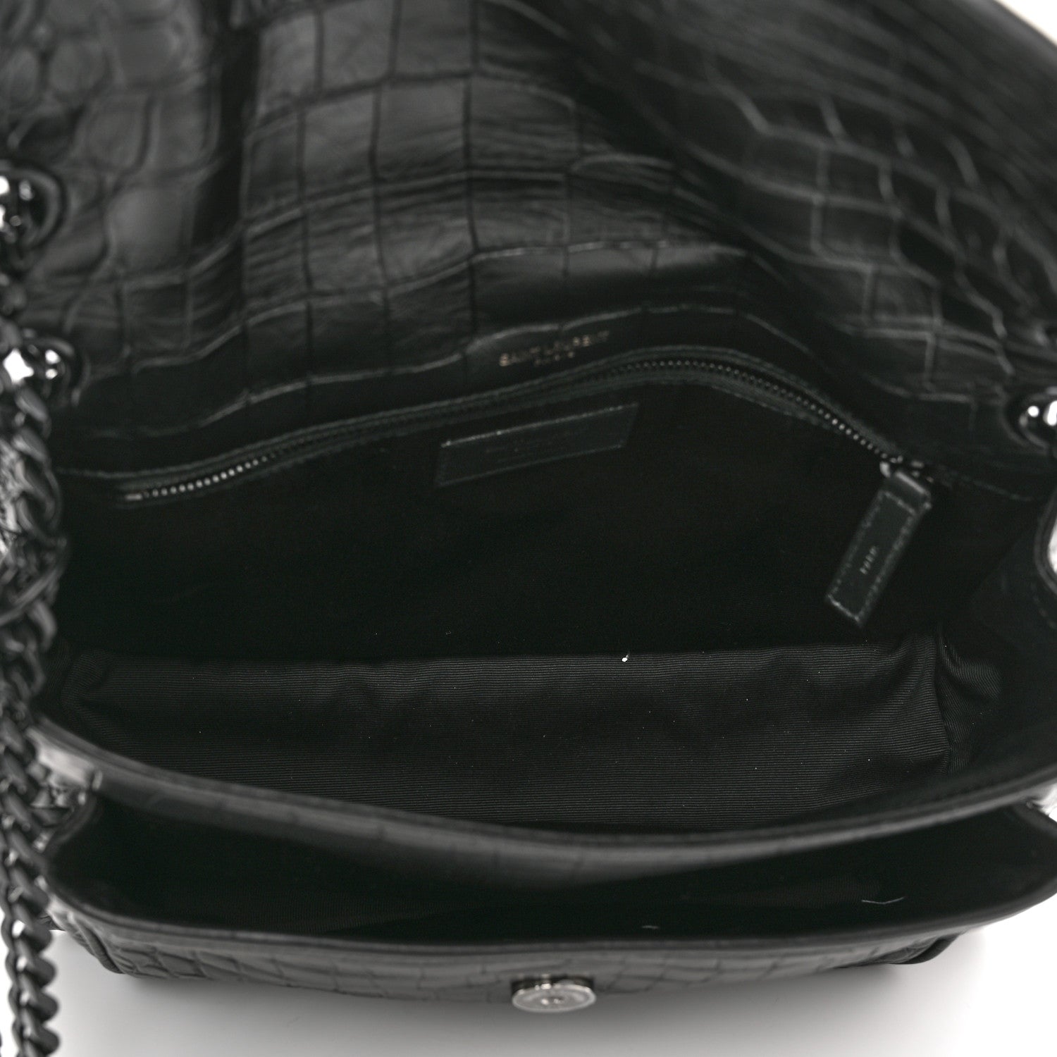 Saint Laurent Crinkled Calfskin Crocodile Embossed Monogram Medium Niki Chain Satchel Black 5 of 10