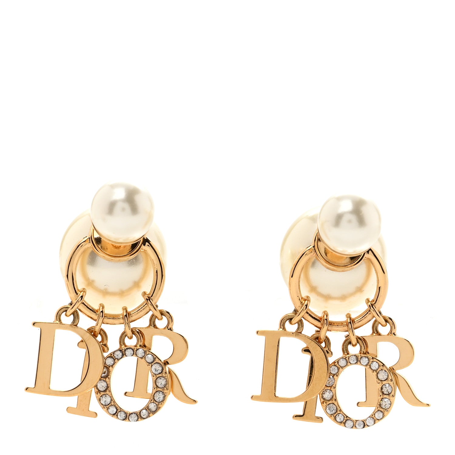 Christian Dior Pearl Crystal Tribal Logo Charms Earrings Gold 1 of 4
