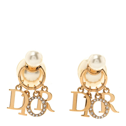 Christian Dior Pearl Crystal Tribal Logo Charms Earrings Gold 1 of 4