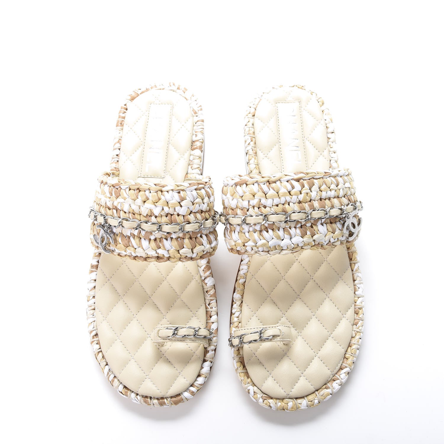 Chanel Raffia Lambskin Sandals 38 Beige White 6 of 10