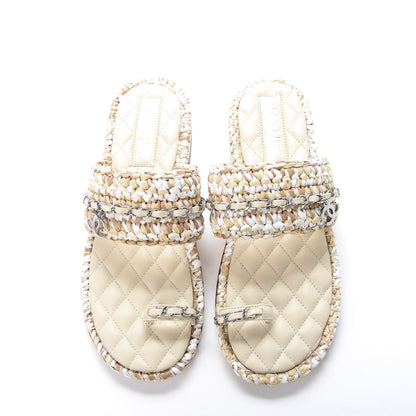 Chanel Raffia Lambskin Sandals 38 Beige White 6 of 10
