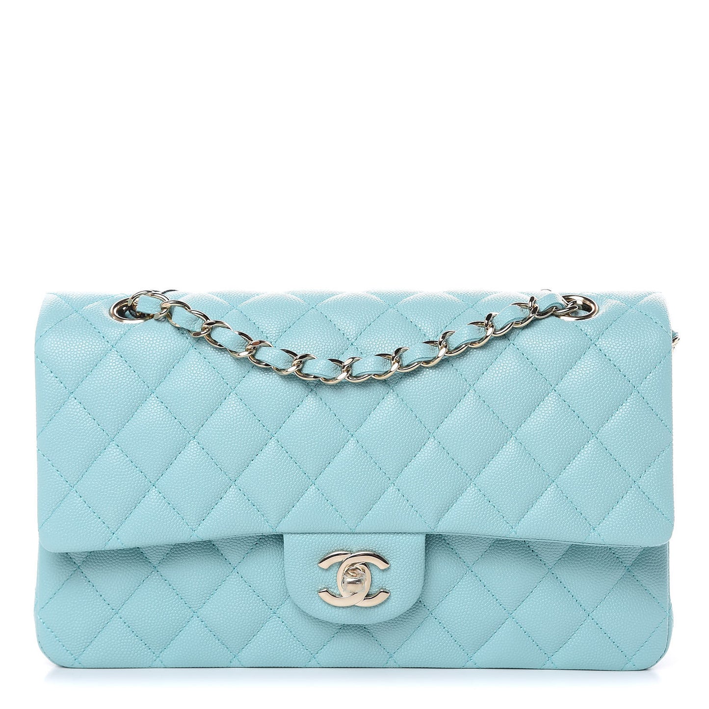 Caviar Quilted Medium Double Flap Light Blue
