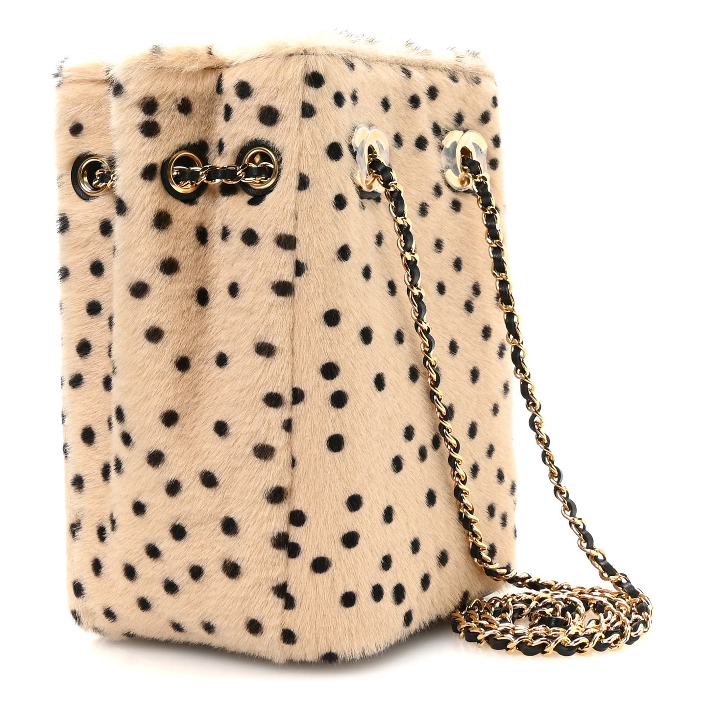 Pony Hair Cheetah Printed CC Chain Bucket Bag Light Beige Black
