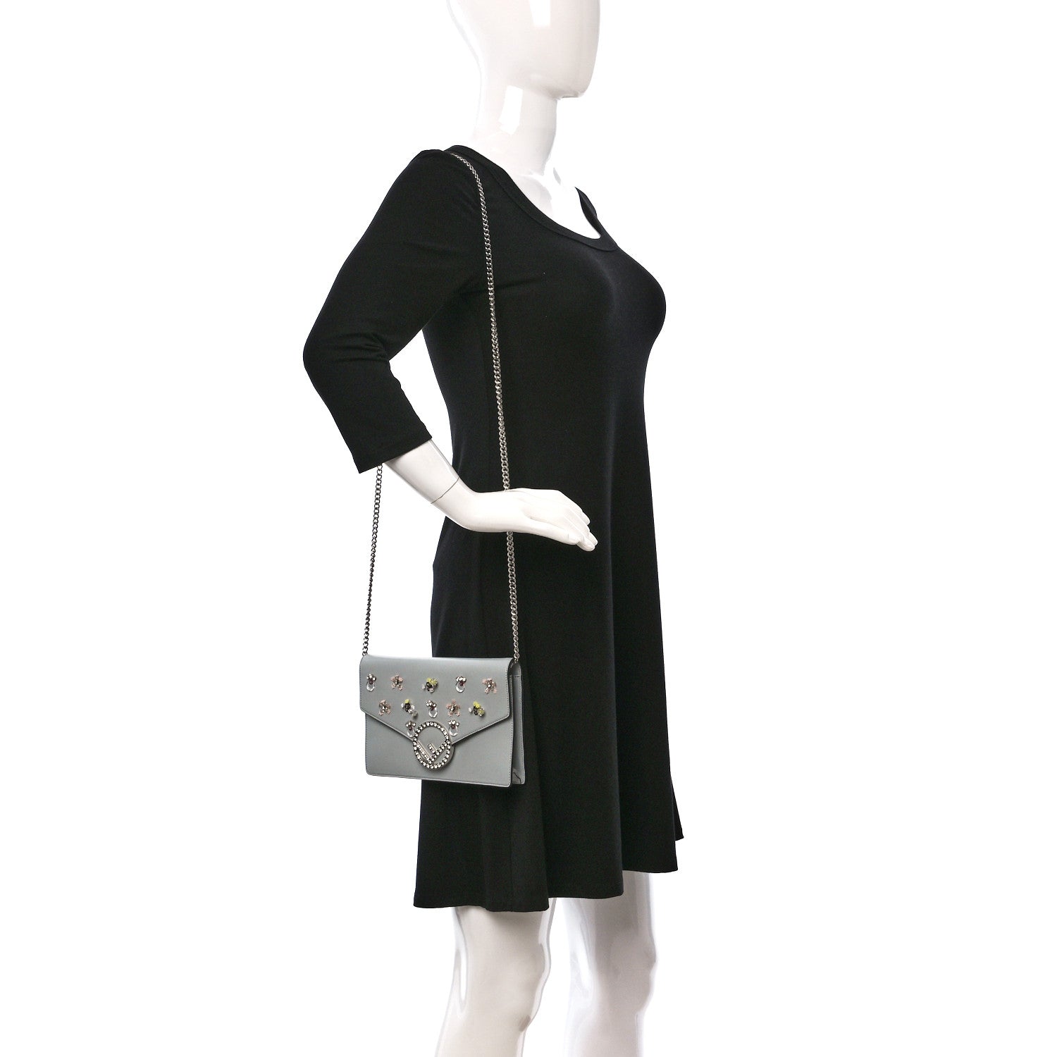 Fendi Vitello Liberty Crystal Embellished F is Fendi Medium Envelope Wallet on Chain Grigio Perla 2 of 14