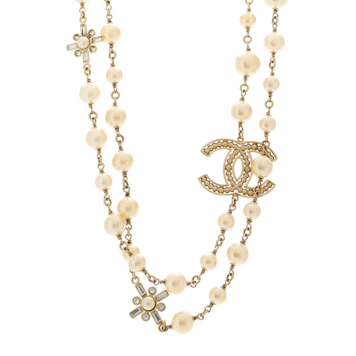 Crystal Baguette Pearl CC Cross Necklace Gold