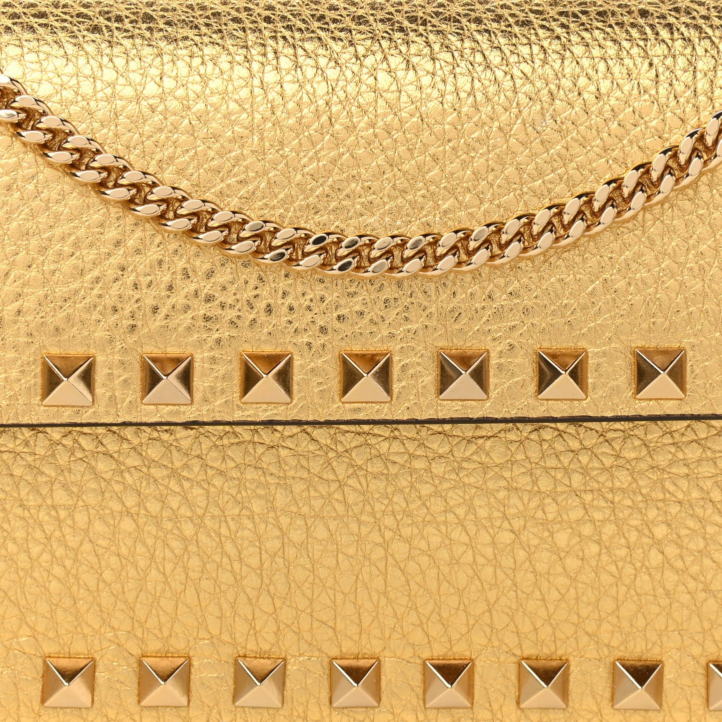 Pebbled Calfskin Rockstud Flap Wallet On Chain Soft Gold