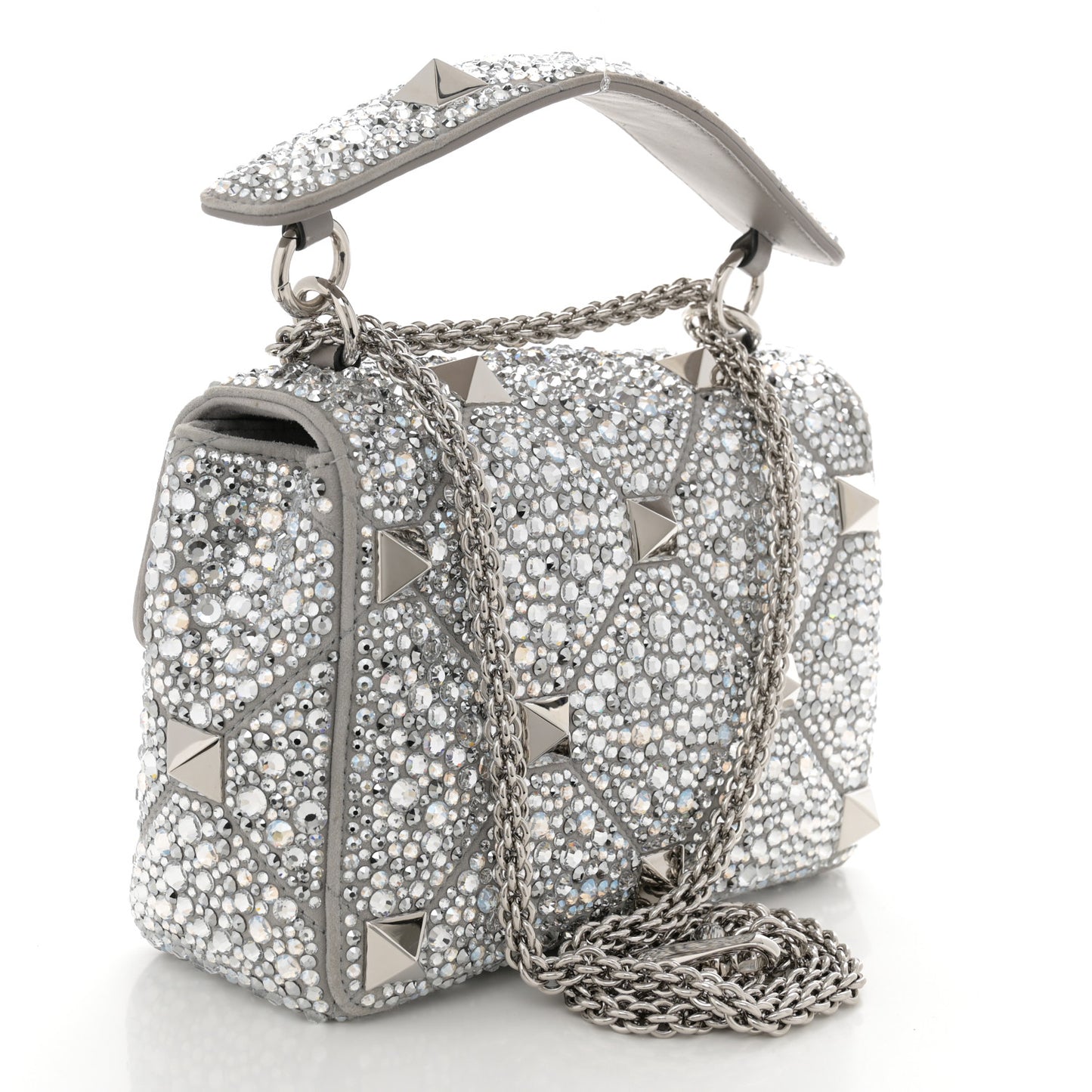 Crystal Suede Enamel Medium Roman Stud Shoulder Bag Silver