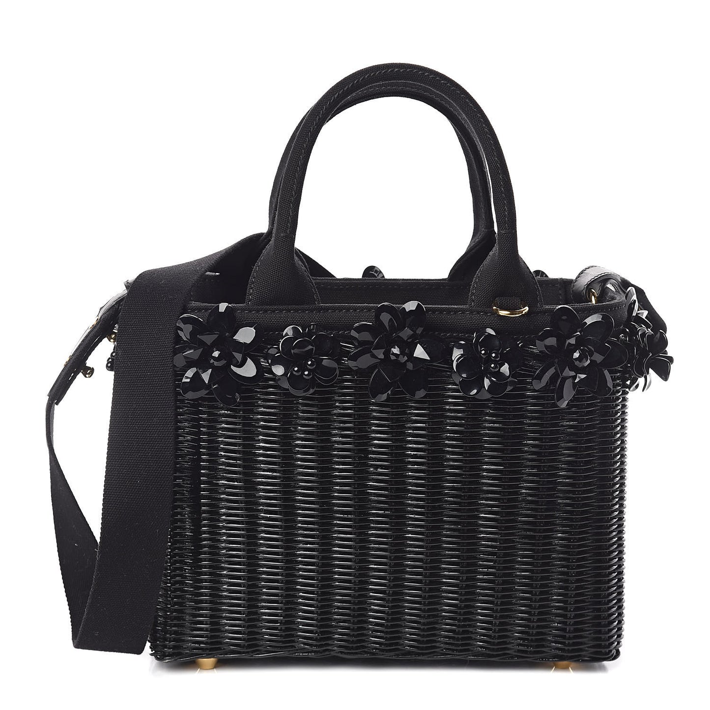 Wicker Canvas Floral Embellished Shoulder Bag Black