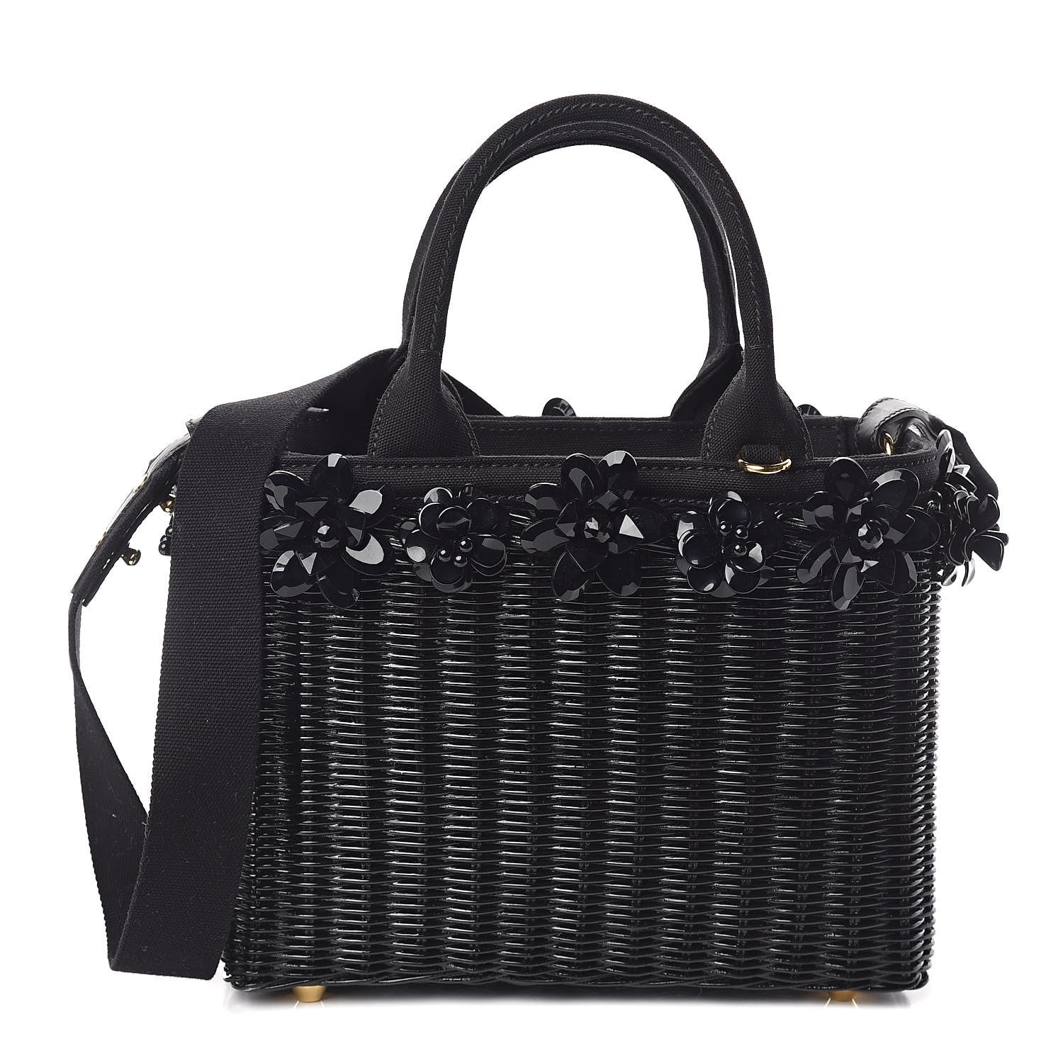 Prada Wicker Canvas Floral Embellished Shoulder Bag Black 1 of 9