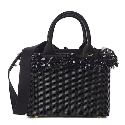 Prada Wicker Canvas Floral Embellished Shoulder Bag Black 1 of 9