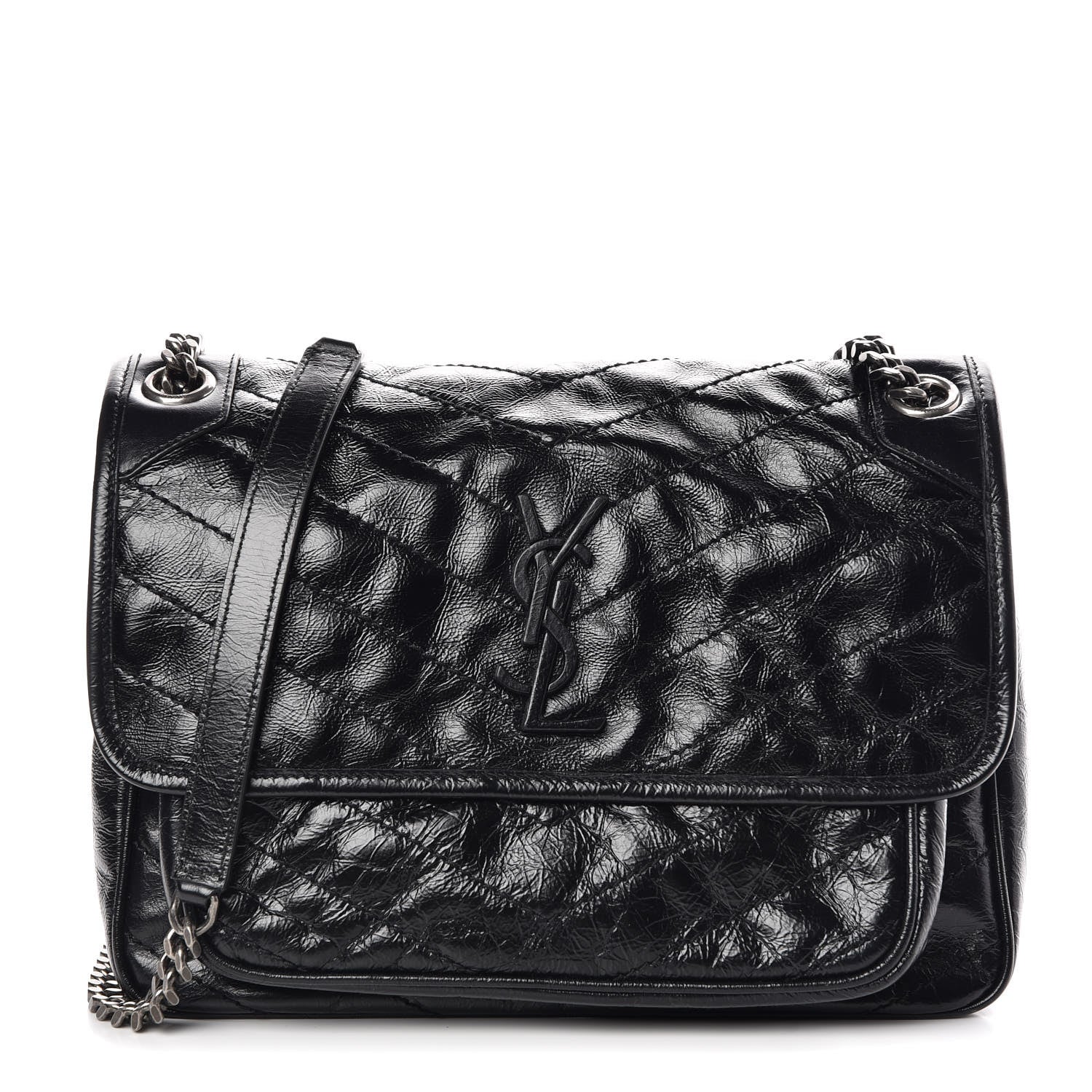 Saint Laurent Crinkled Calfskin Matelasse Monogram Medium Niki Chain Satchel Black 1 of 8