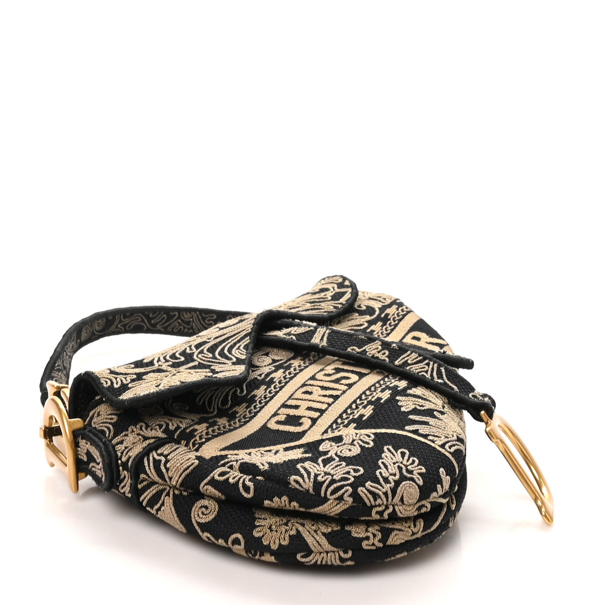 Canvas Embroidered Ornamental Cornely Saddle Bag Black Beige