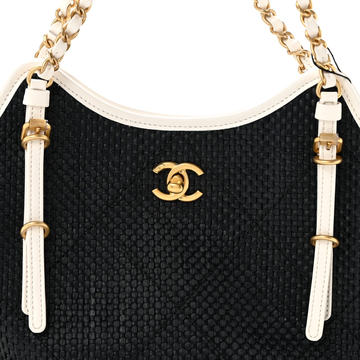 Braided Raffia Calfskin Stitched Small Shopping Tote Black White