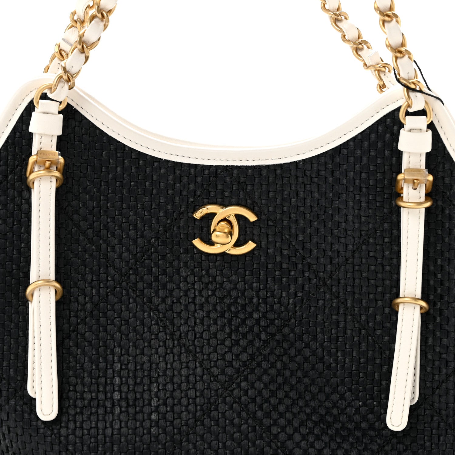 Chanel Braided Raffia Calfskin Stitched Small Shopping Tote Black White 7 of 10