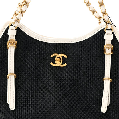 Chanel Braided Raffia Calfskin Stitched Small Shopping Tote Black White 7 of 10