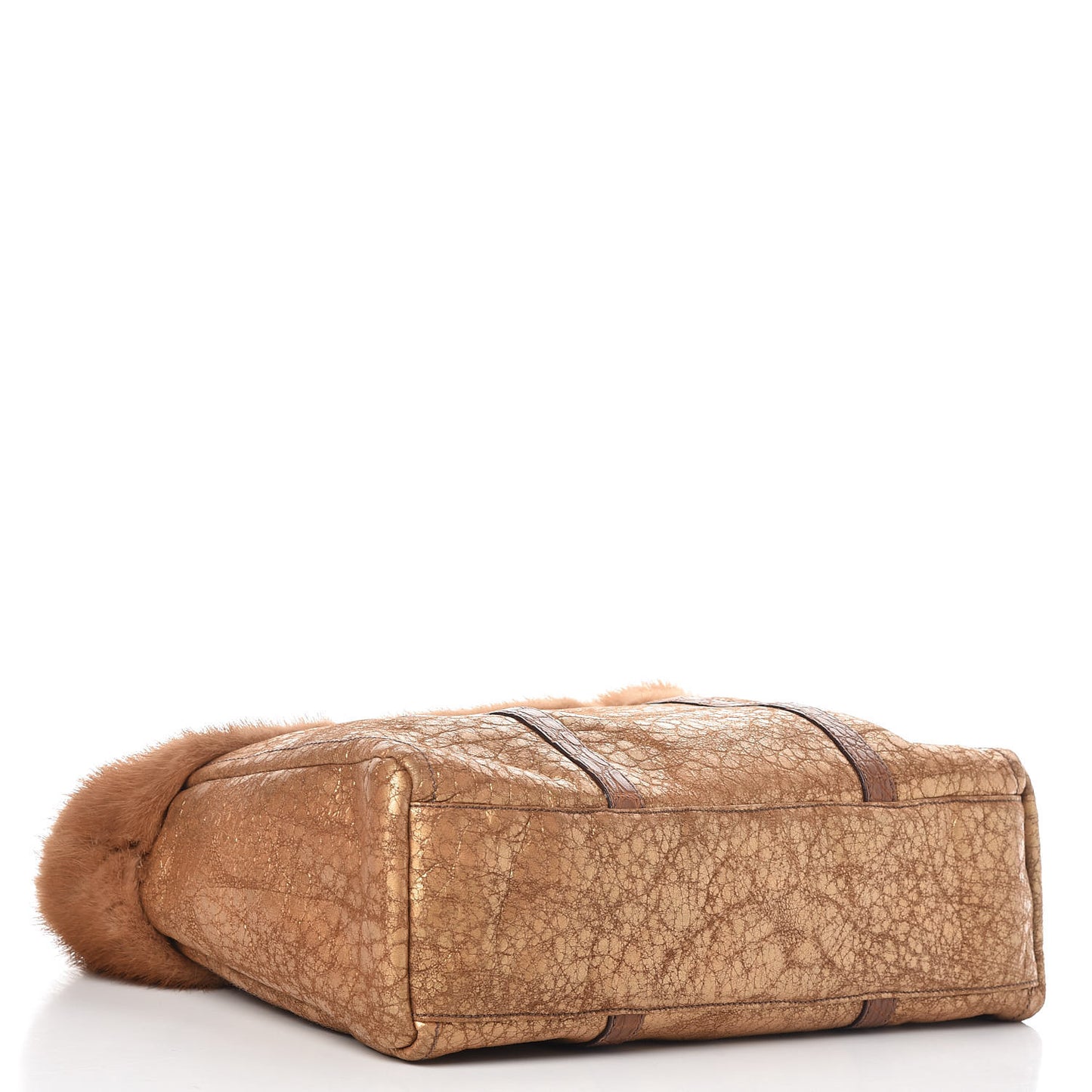 Metallic Suede Mink Shearling Crocodile Embossed Tote Gold
