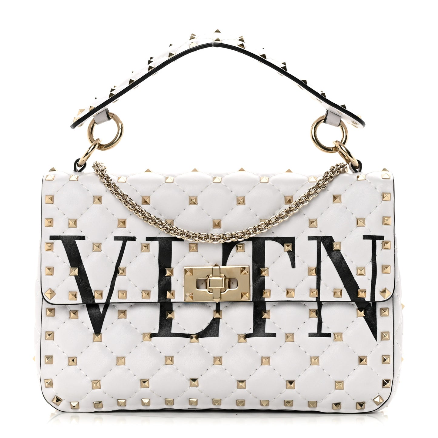 Lambskin VLTN Print Medium Rockstud Spike Shoulder Bag Optic White Black
