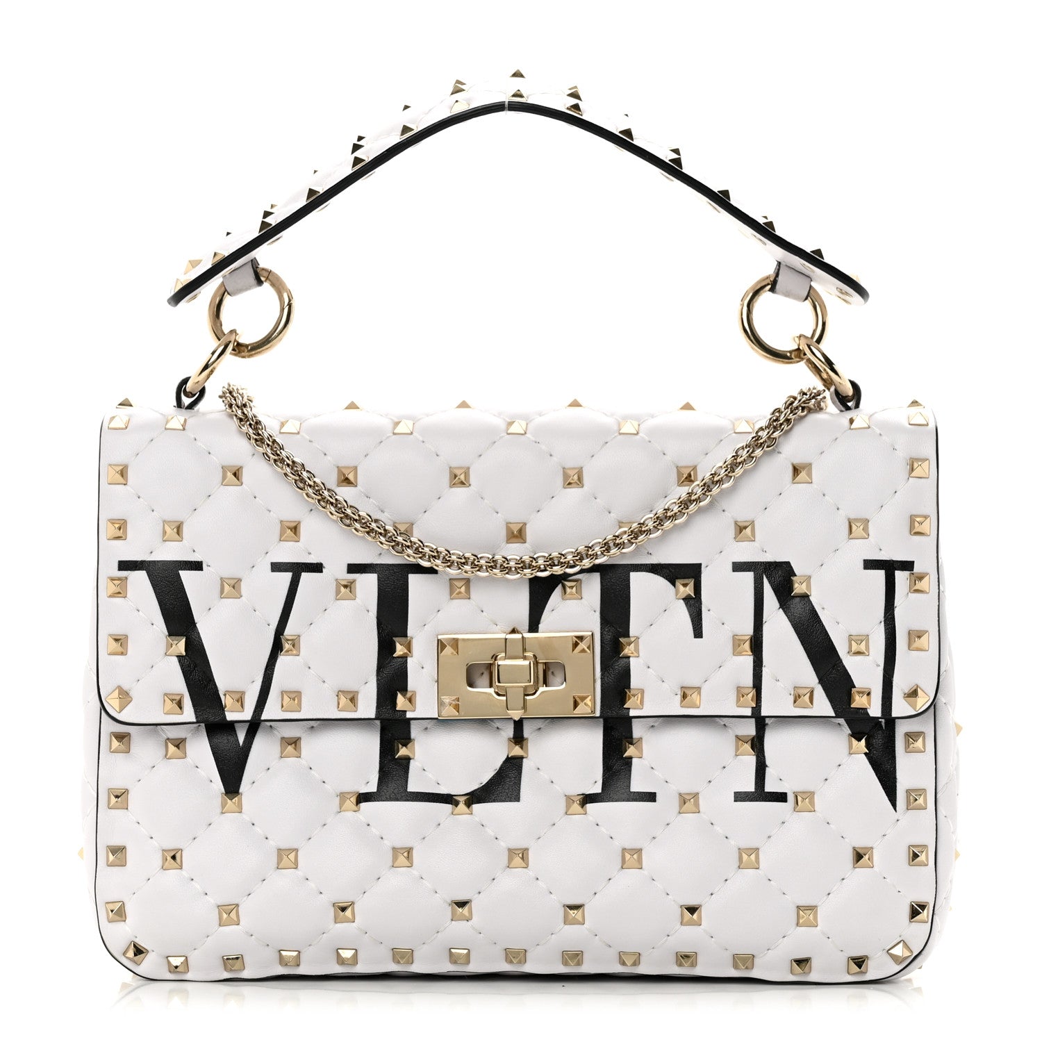 Valentino Garavani Lambskin VLTN Print Medium Rockstud Spike Shoulder Bag Optic White Black 1 of 14