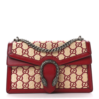 Gucci Straw Jacquard Azalea Calfskin GG Monogram Small Dionysus Shoulder Bag Natural New Cherry Red 1 of 11