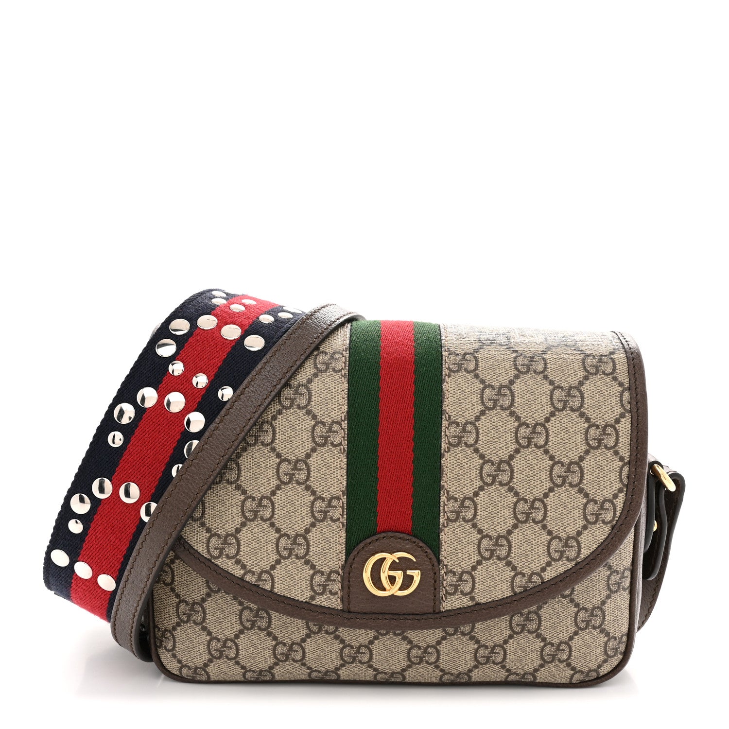 Gucci GG Supreme Monogram Textured Dollar Calfskin Web Studded Mini Ophidia Flap Shoulder Bag Beige Ebony New Acero 1 of 10