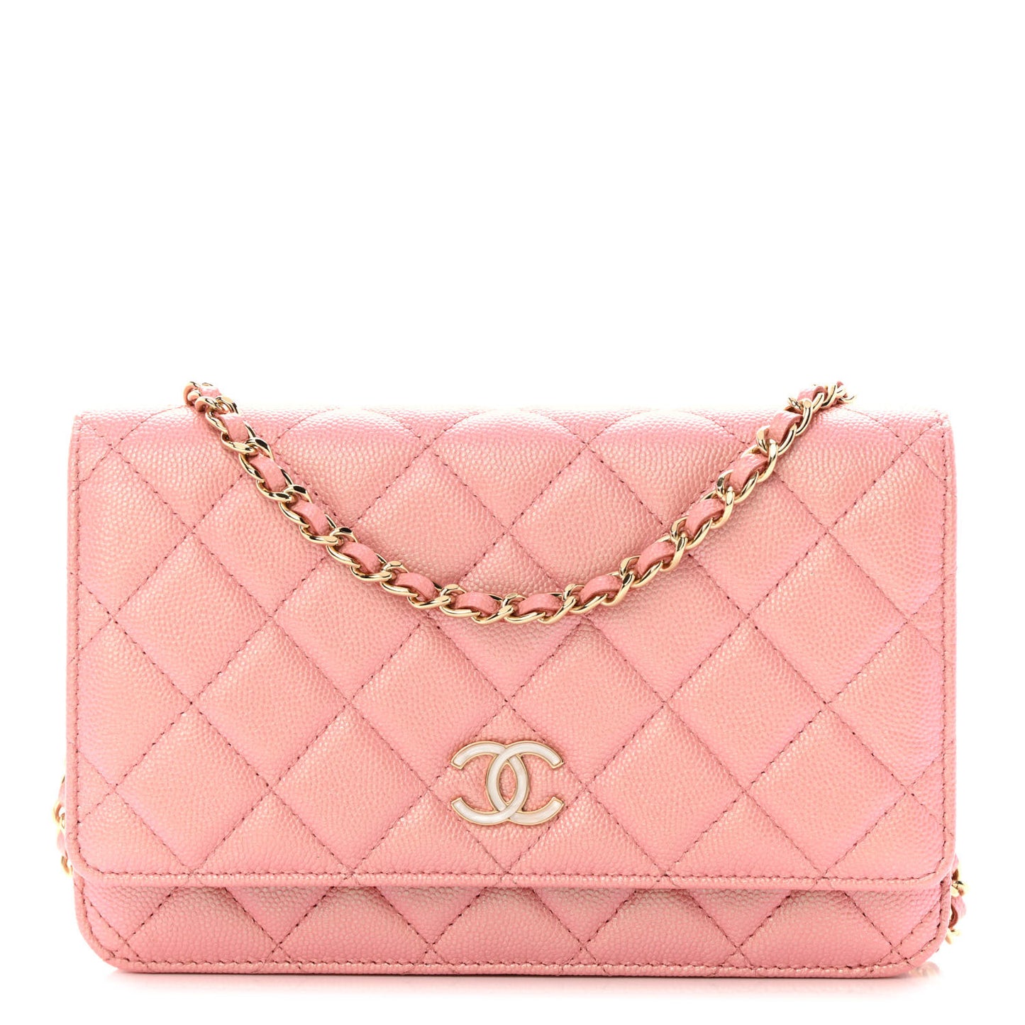 Iridescent Caviar Quilted Wallet on Chain WOC Rose Pink