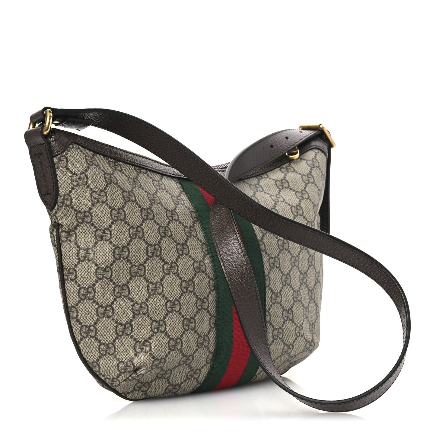 GG Supreme Monogram Textured Dollar Calfskin Web Small Ophidia Half Moon Hobo Beige Ebony New Acero