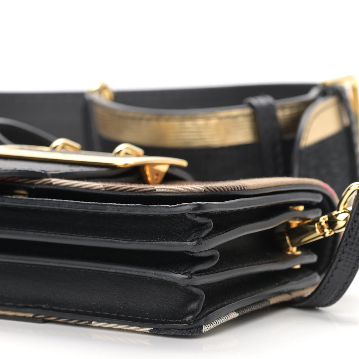 Metallic Calfskin House Check Sequin Small Madison Buckle Bag Gold