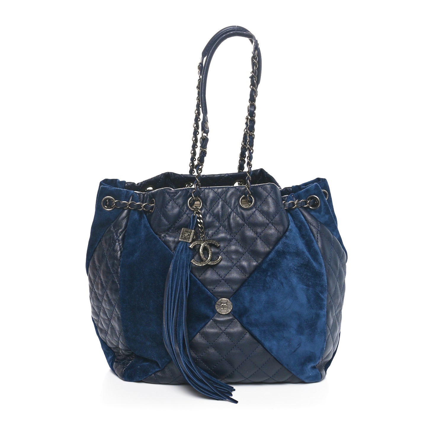 Goatskin Suede Calfskin Quilted Patchwork Drawstring Bag Blue