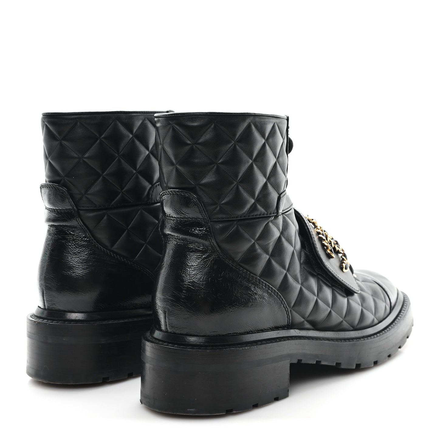 Shiny Calfskin Quilted Lace Up Combat Boots 38.5 Black