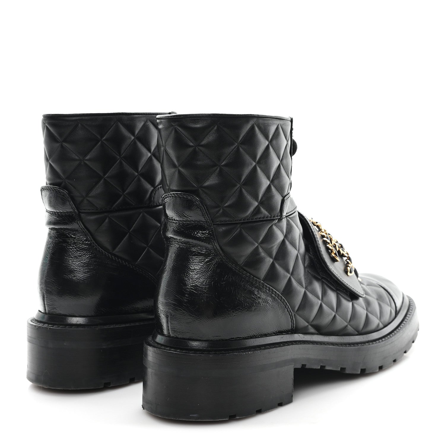 Chanel Shiny Calfskin Quilted Lace Up Combat Boots 38.5 Black 5 of 11