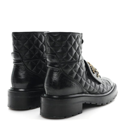 Chanel Shiny Calfskin Quilted Lace Up Combat Boots 38.5 Black 5 of 11