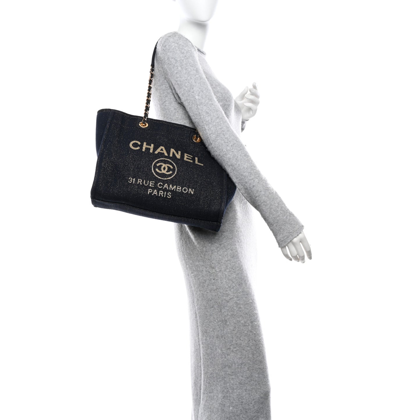 Lurex Canvas Small Deauville Tote Navy Blue Gold