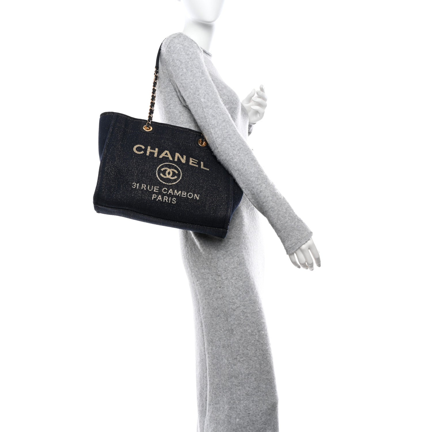 Chanel Lurex Canvas Small Deauville Tote Navy Blue Gold 2 of 10