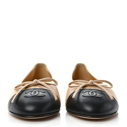 Chanel Lambskin Cap Toe CC Ballerina Flats 37 Beige Black 2 of 9