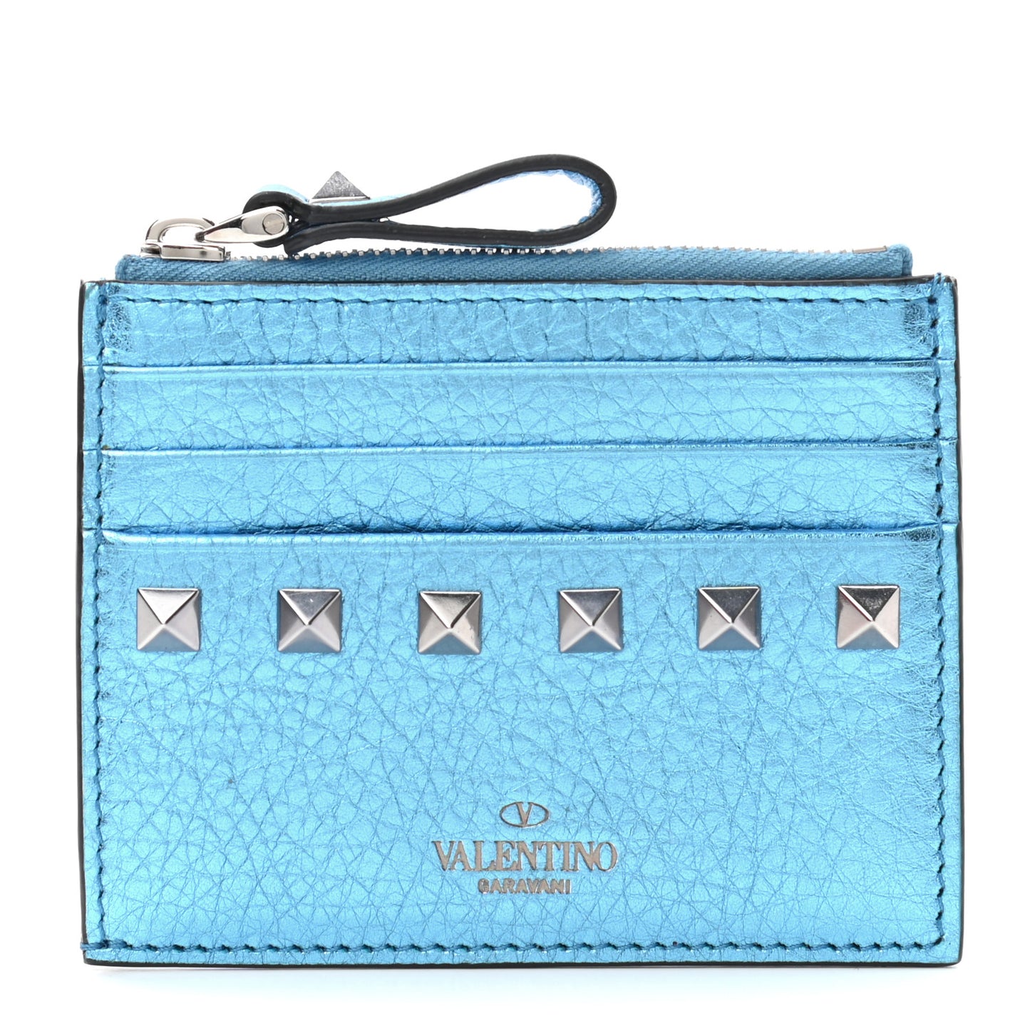 Metallic Pebbled Calfskin Rockstud Coin Case Card Holder Cerulean