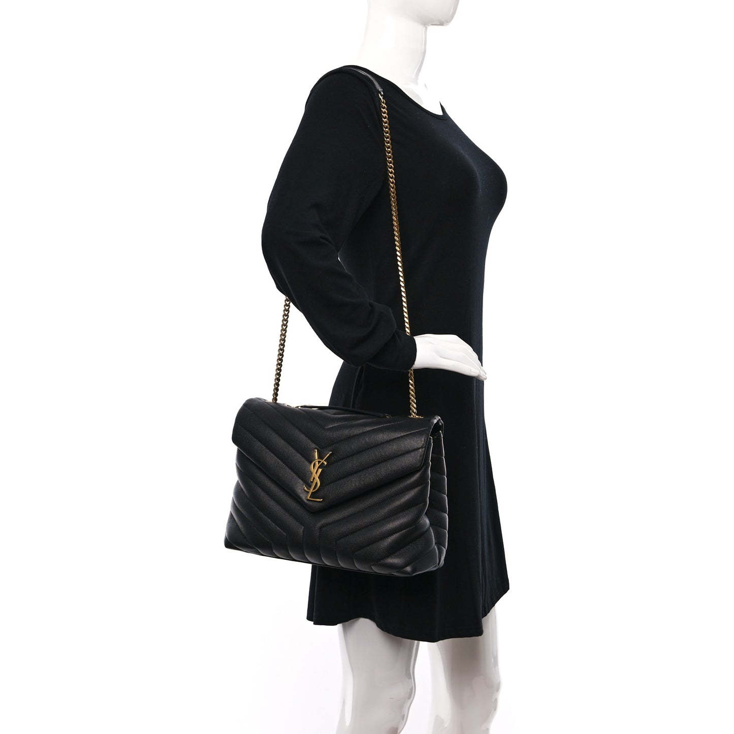 Grain de Poudre Calfskin Y Quilted Monogram Medium Loulou Chain Satchel Black