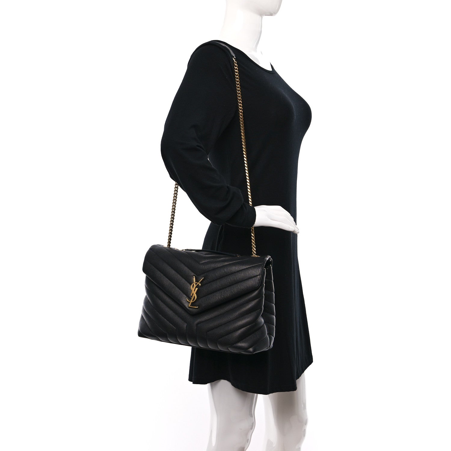 Saint Laurent Grain de Poudre Calfskin Y Quilted Monogram Medium Loulou Chain Satchel Black 3 of 9