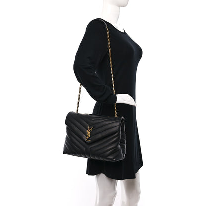 Saint Laurent Grain de Poudre Calfskin Y Quilted Monogram Medium Loulou Chain Satchel Black 3 of 9