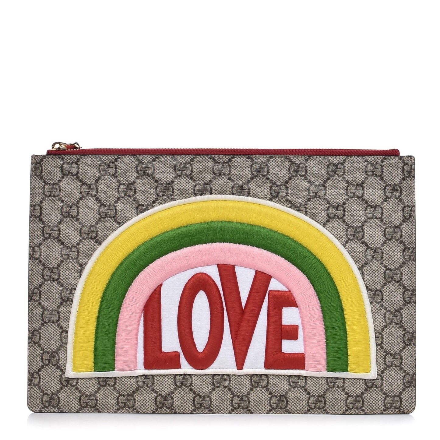 Calfskin GG Supreme Monogram Embroidered Rainbow Love Zip Pouch Red