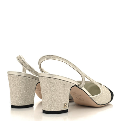 Chanel Glitter Grosgrain Cap Toe CC Slingback Pumps 38 Silver Black 4 of 8