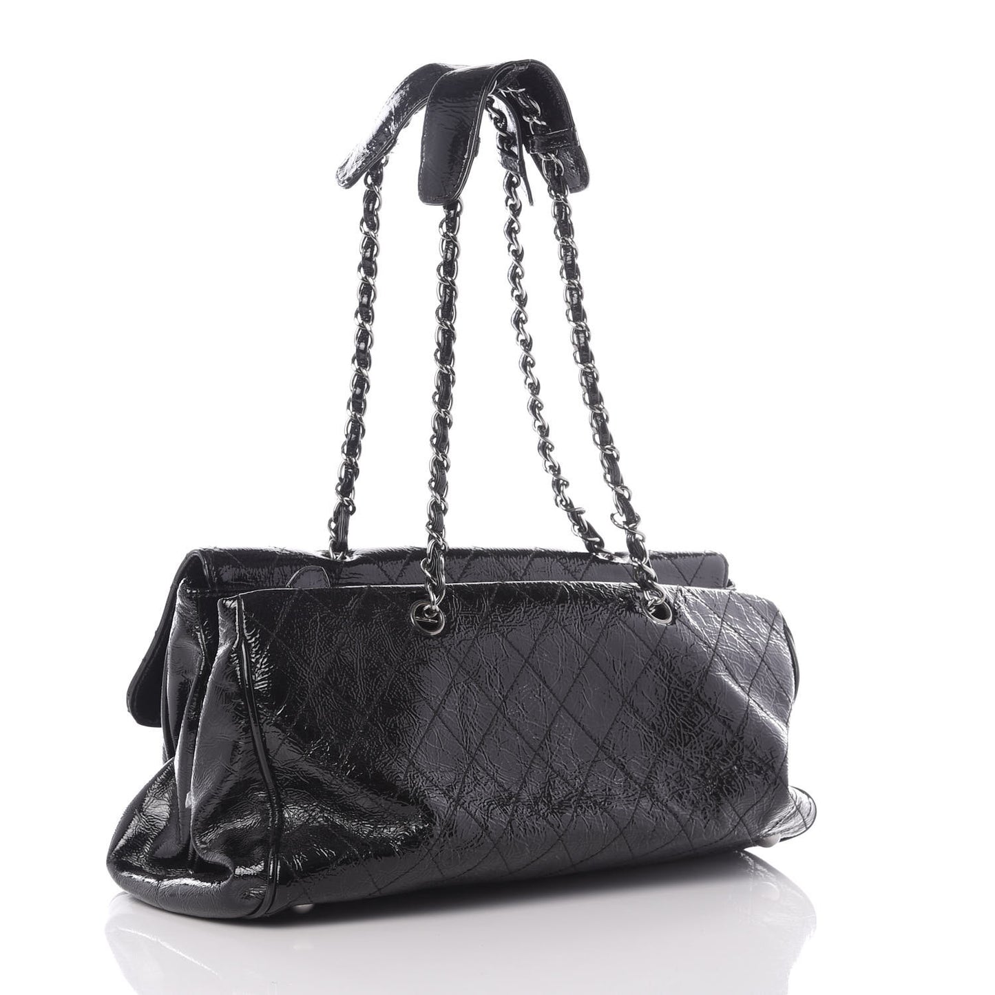 Distressed Patent Quilted Ritz Flap Bag Black