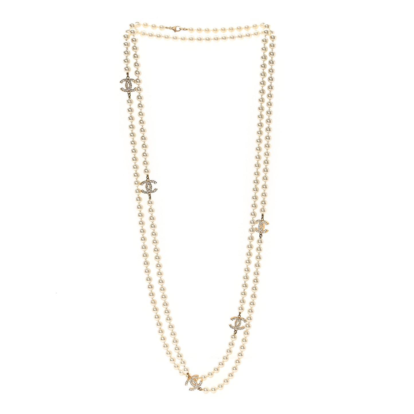 Crystal Pearl CC Long Necklace Gold