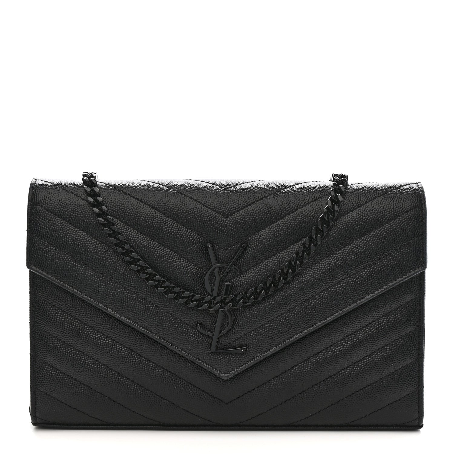 Saint Laurent Grain De Poudre Matelasse Chevron Monogram Monochrome Chain Wallet Black 1 of 13