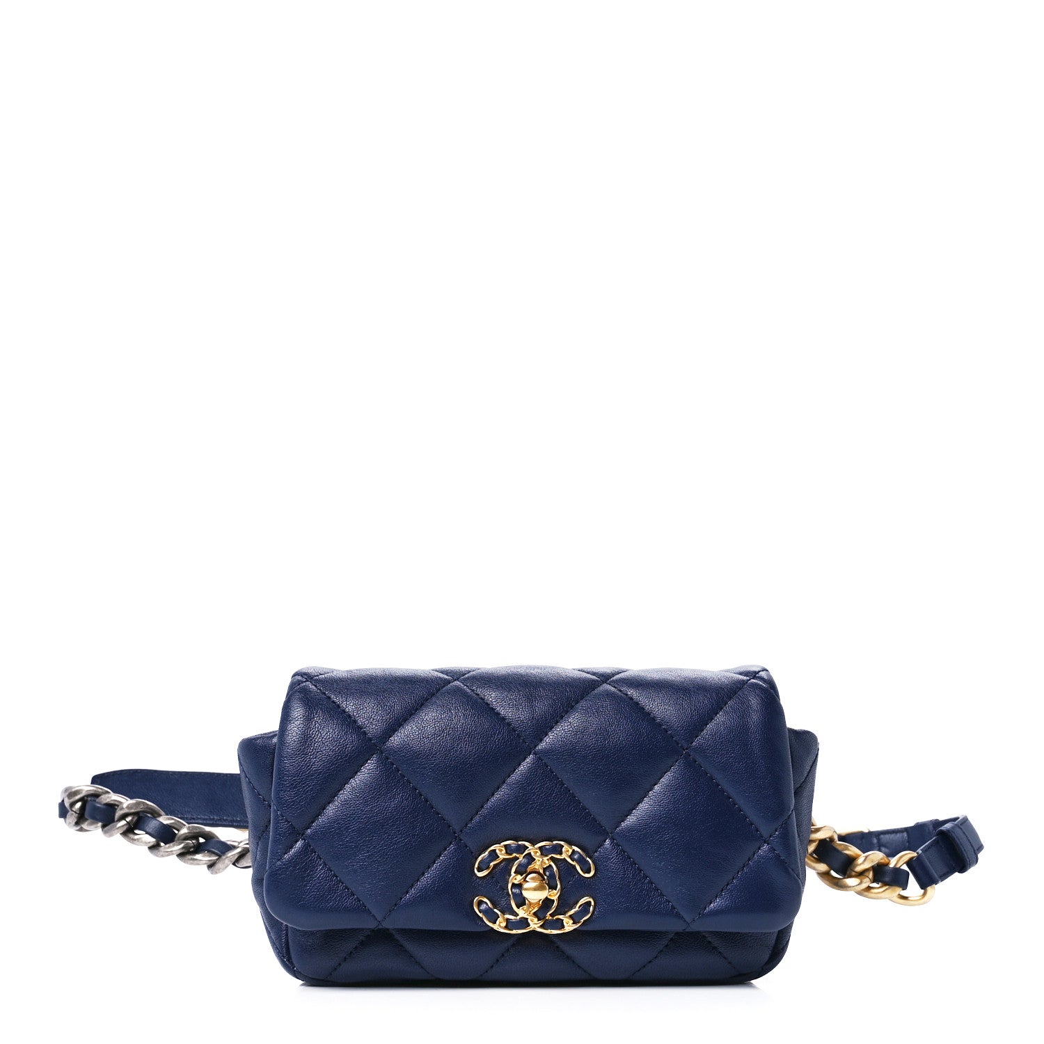 image of CHANEL Goatskin Quilted Chanel 19 Waist Bag in the color Dark Blue by FASHIONPHILE