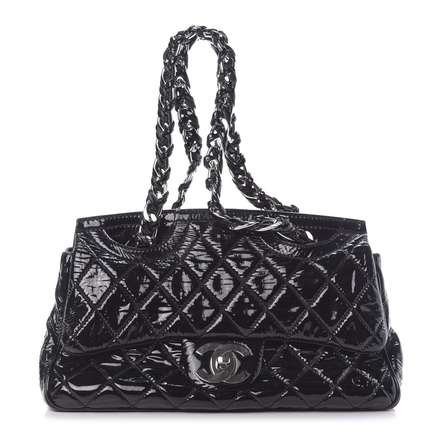 Patent Quilted Day Glo Flap Bag Black
