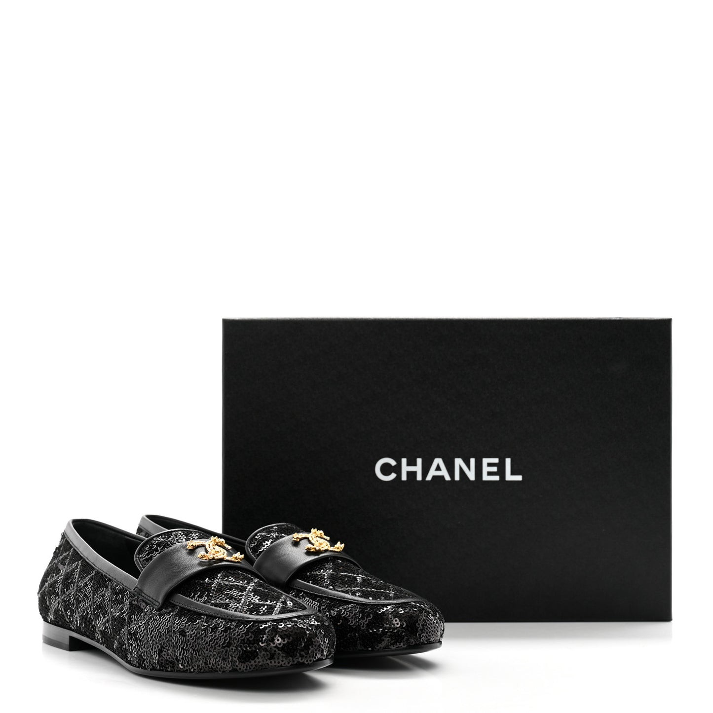 Sequin Lambskin Quilted CC Loafers 38.5 Black