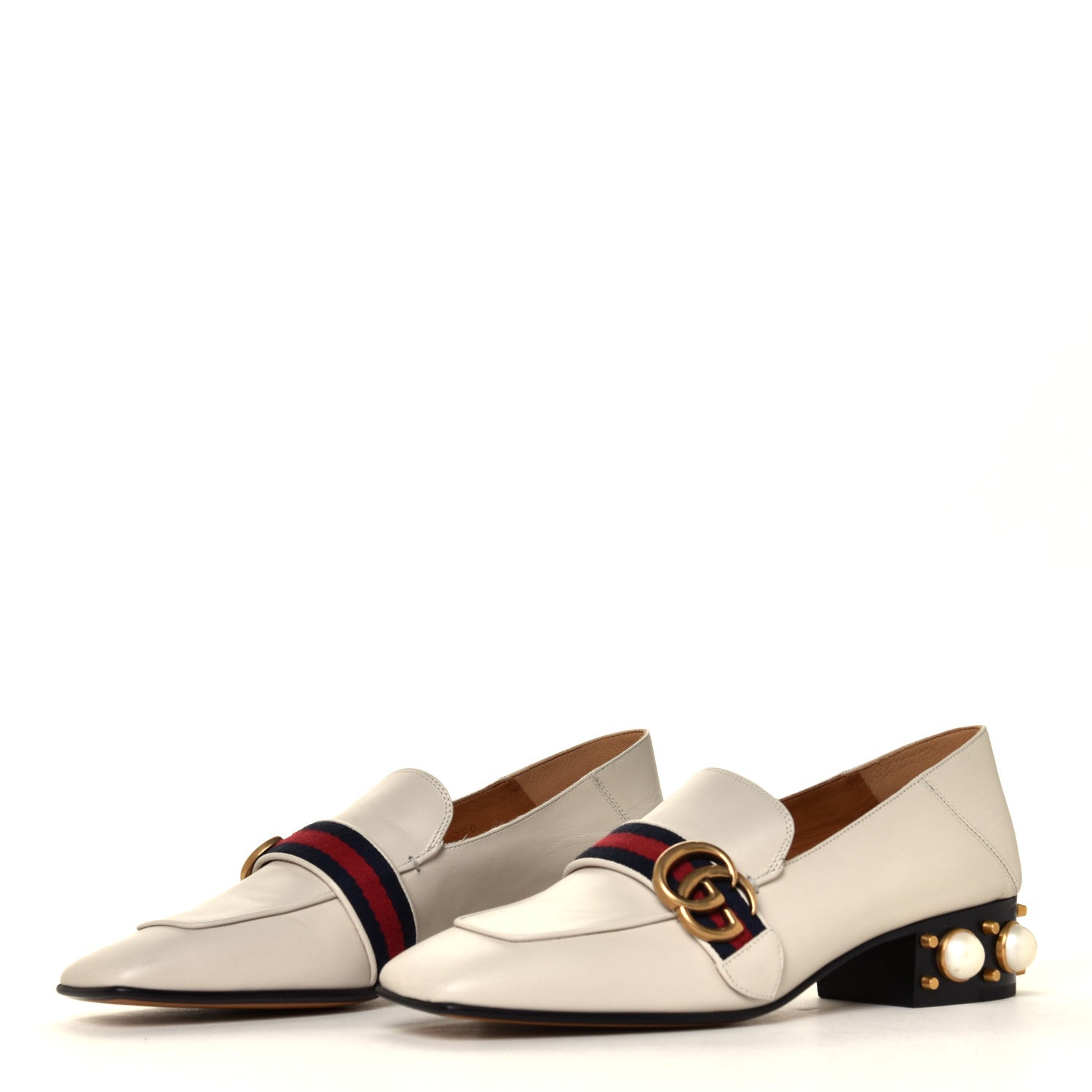 Gucci Betis Glamour Calfskin Web Pearl Embellished Peyton 35mm Loafer Pumps 38.5 Mystic White 6 of 12