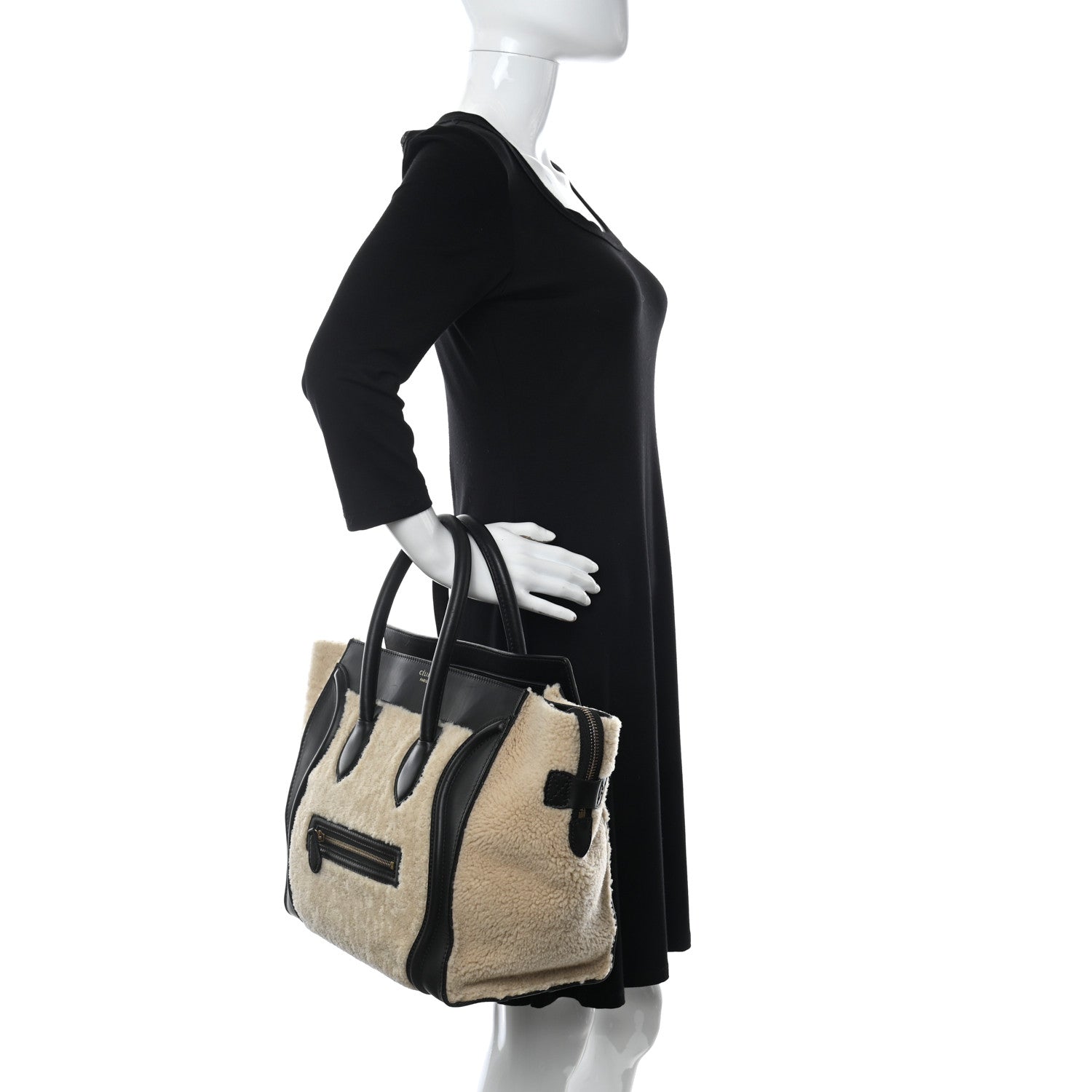 Celine Smooth Calfskin Shearling Bi-Color Mini Luggage Black Natural 2 of 12