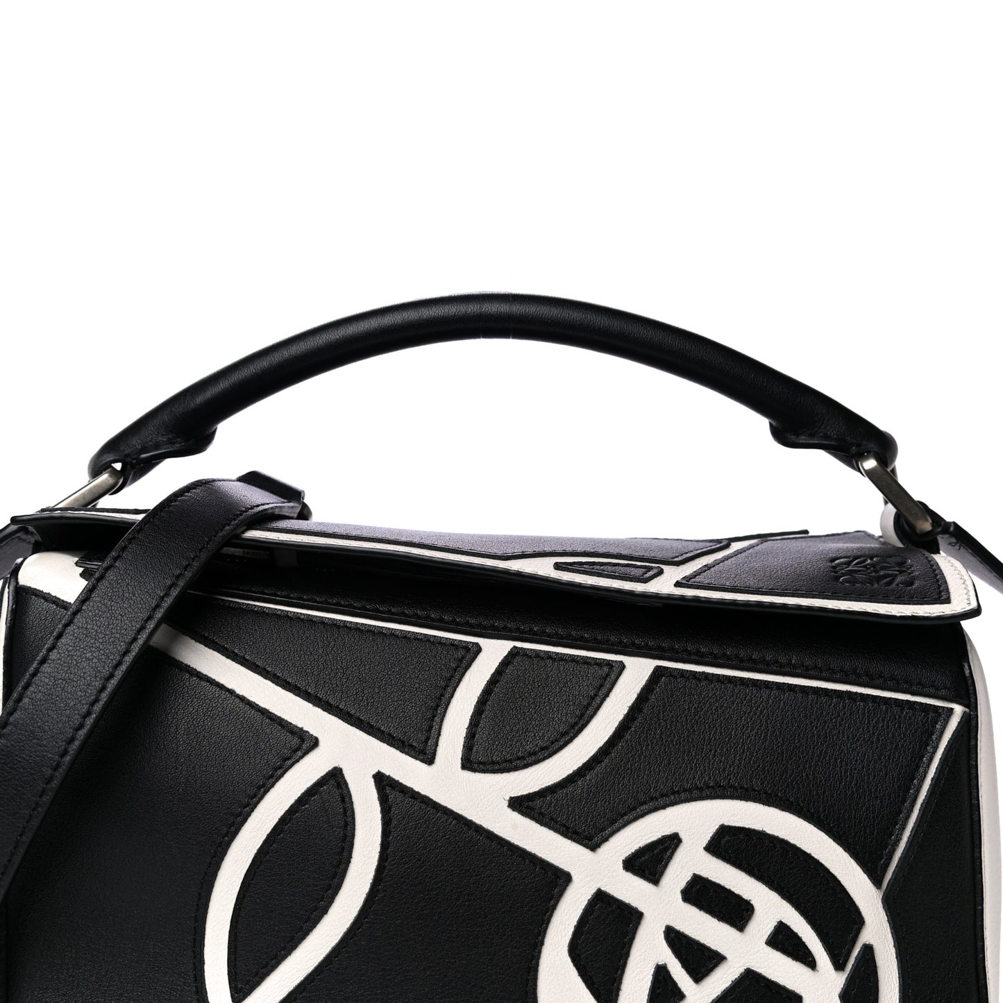 Calfskin Small Roses Puzzle Bag Black White